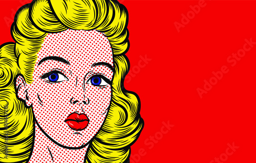 Pop art woman in Lichtenstein's artworks style. Retro comic woman face close up on red background. Close-up of female face pop art in vector illustration.	