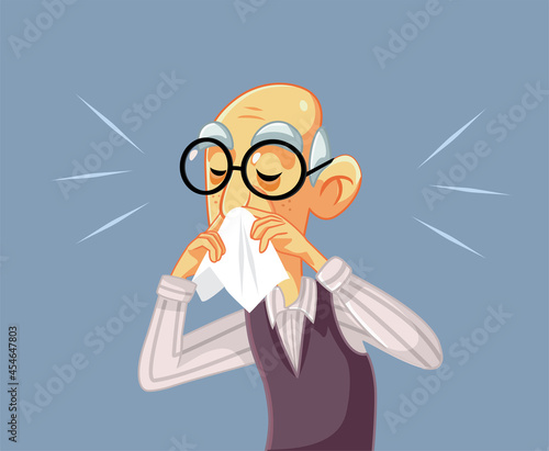 Old Man Feeling Sick Blowing Nose Vector Illustration