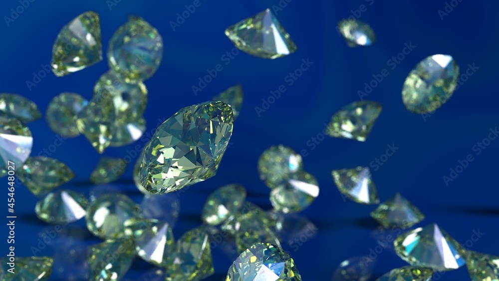 Shiny Yellow Diamonds falling on blue sky lighting. 3D illustration. 3D CG. 3D high quality rendering. Shiny Yellow Diamonds falling on blue sky lighting. 3D illustration. 3D CG. 3D high quality rendering.