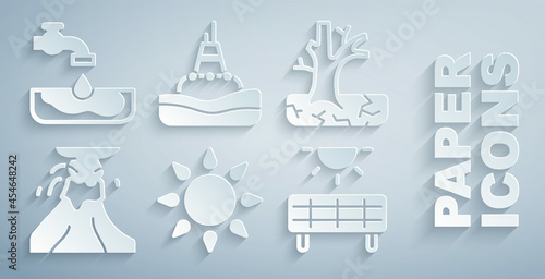 Set Sun, Withered tree, Volcano eruption with lava, Solar energy panel, Floating buoy sea and Water problem icon. Vector
