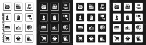 Set Electronic scales, Shopping list, Sauce bottle, Canned fish, Security camera, Cash register machine, Clock 24 hours and Credit card icon. Vector