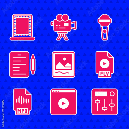 Set Photo frame, Online play video, Sound mixer controller, FLV file document, MP3, Scenario, Microphone and Makeup mirror with lights icon. Vector