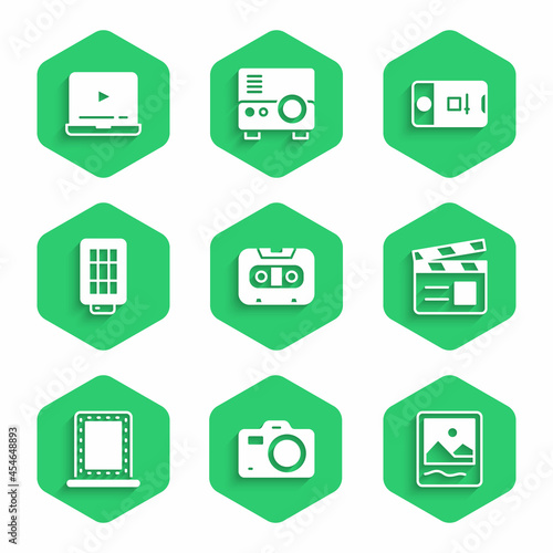 Set Retro audio cassette tape, Photo camera, frame, Movie clapper, Makeup mirror with lights, Softbox, and video shooting and Online play icon. Vector