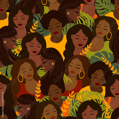 Seamless pattern with beautiful African women, black ladys repeating texture. Trendy walpaper. vector illustration