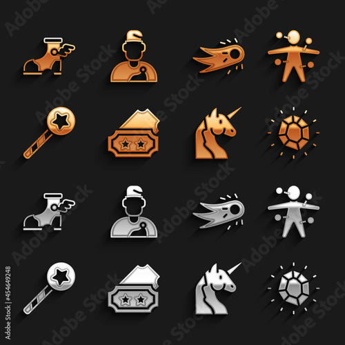 Set Ticket, Voodoo doll, Magic stone, Unicorn, wand, Fireball, Hermes sandal and Wizard warlock icon. Vector