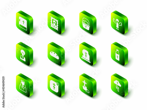 Set Christian icon, Basket with easter eggs, Angel, Holy water bottle, God's helping hand, Grave tombstone, cross and Online church pastor preaching icon. Vector