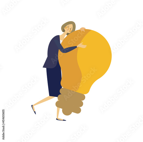 ひらめき 電球に抱きつく女性 ベクターイラスト