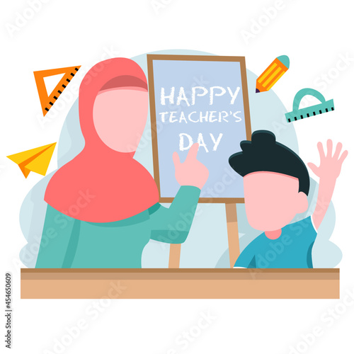 teacher with hijab celebrating Teacher day with her pupil
