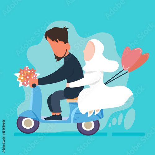 just married couple with scooter and heart shaped baloon