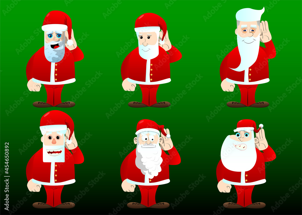 Santa Claus in his red clothes with white beard holds hand at his ear, listening. Vector cartoon character illustration. Santa Claus in his red clothes with white beard holds hand at his ear, listening. Vector cartoon character illustration.