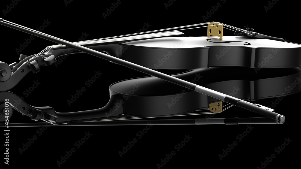 Black-Gold classic violin on black plate under spot lighting background. 3D sketch design and illustration. 3D high quality rendering. Black-Gold classic violin on black plate under spot lighting background. 3D sketch design and illustration. 3D high quality rendering.