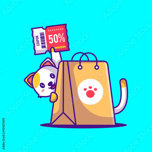 Cute Cat Shopping Discount Coupon Cartoon Illustration. Animal and Flash sale Flat cartoon Style Concept
