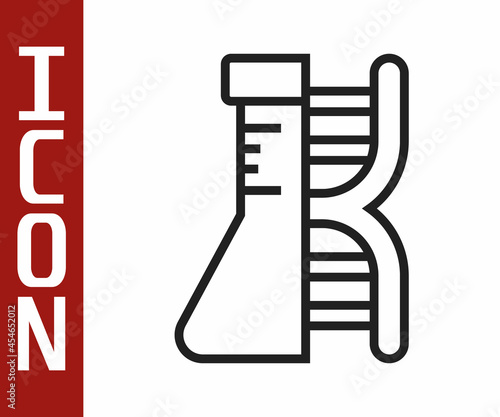 Black line DNA research, search icon isolated on white background. Genetic engineering, genetics testing, cloning, paternity testing. Vector