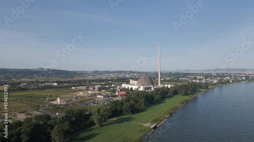 Drone view over Rhine river of demolished Mülheim-Kärlich Nuclear Power Plant, Weißenthurm, Germany photo