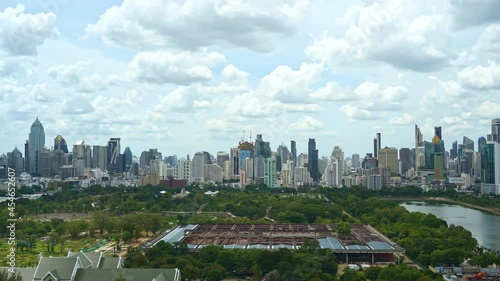 Benjatkitti Park and Bangkok Skyline. Clouds Moving. Static Time Lapse photo