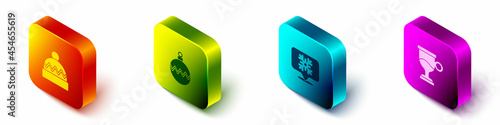 Set Isometric Winter hat, Christmas ball, Snowflake speech bubble and Mulled wine icon. Vector