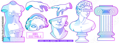 Mythical ancient sculpture in modern contemporary vaporwave stylization. Editable vector set of isolated illustrations in surreal art style. photo