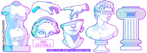 Mythical ancient sculpture in modern contemporary vaporwave stylization. Editable vector set of isolated illustrations in surreal art style.