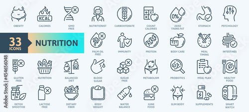 Web Set of Nutrition, Healthy food and Detox Diet Vector Icons. Contains such Icons as Metabolism, Caunt Calories, Palm oil free, Zero thans fat, Probiotics and more. Simple Outline icons collection. 