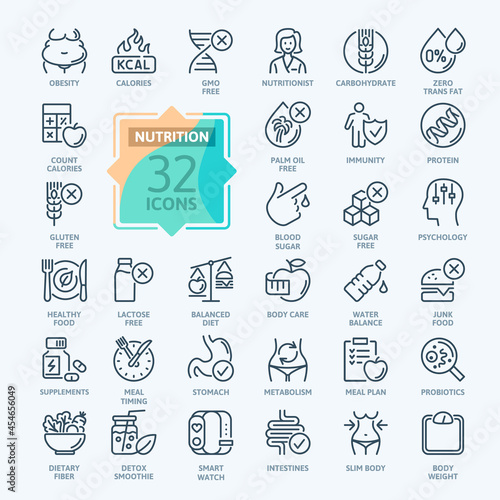 Web Set of Nutrition, Healthy food and Detox Diet Vector Icons. Contains such Icons as Metabolism, Caunt Calories, Palm oil free, Zero thans fat, Probiotics and more. Outline icons collection. Simple 