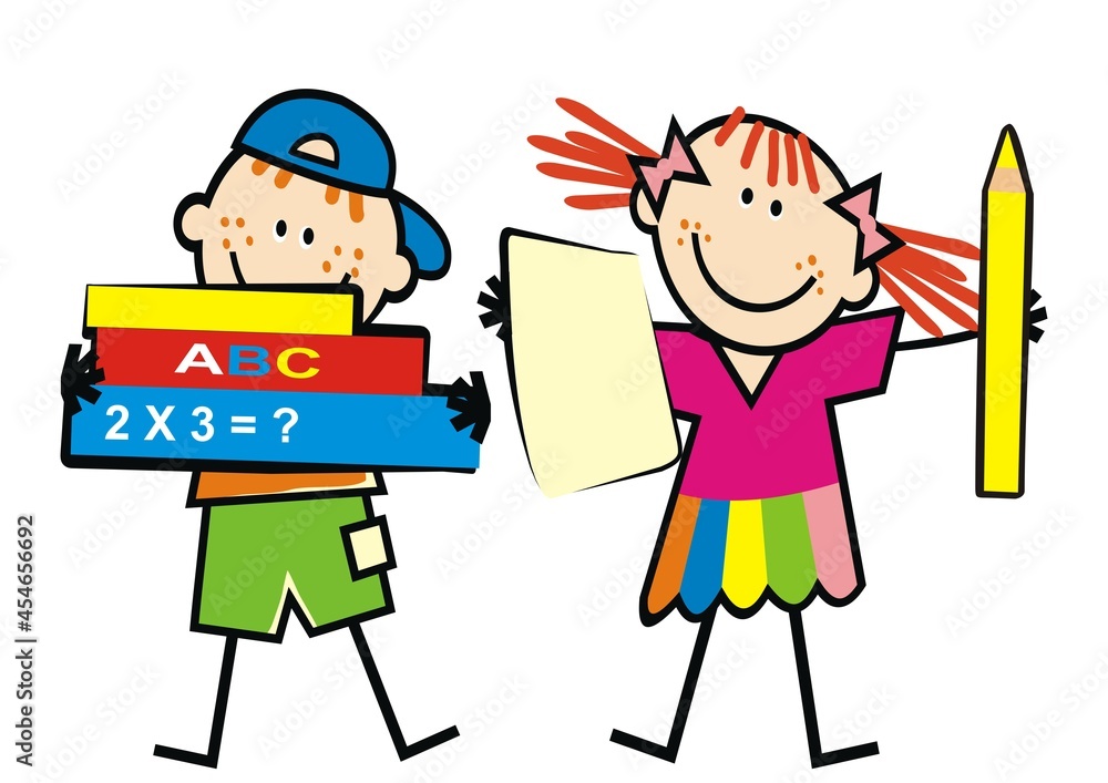 Fototapeta girl and boy with books and drawing equipment, humorous vector illustration
