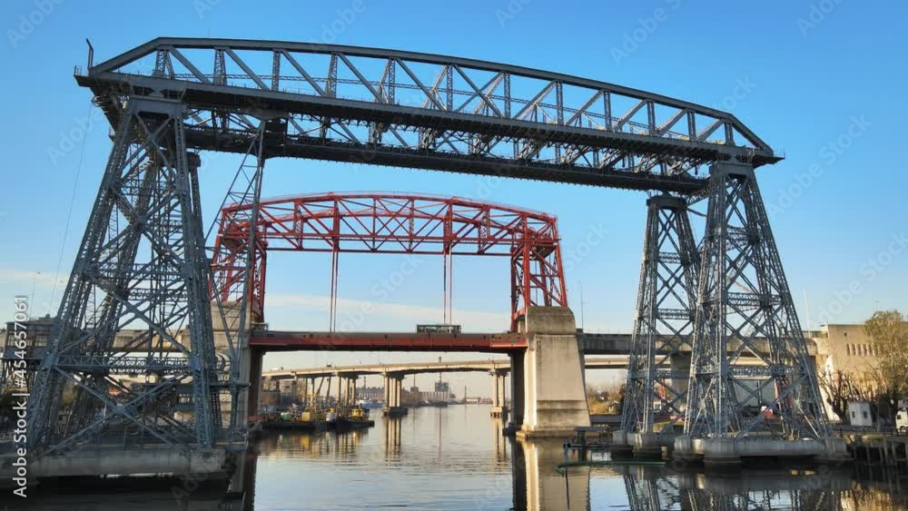 Close static view of Puente Transbordador and red bridge, Buenos Aires Close static view of Puente Transbordador and red bridge, Buenos Aires