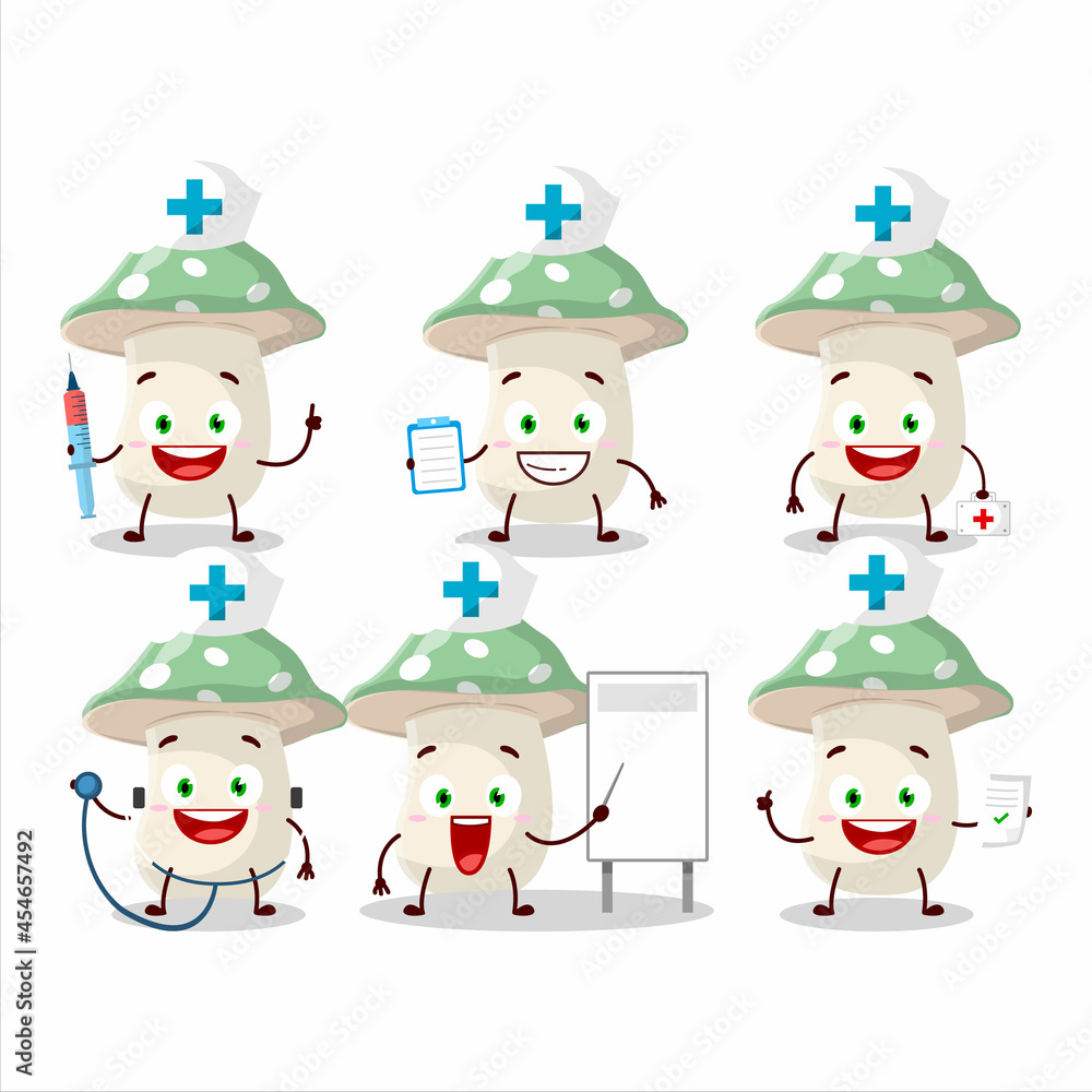 Doctor profession emoticon with green amanita cartoon character Doctor profession emoticon with green amanita cartoon character