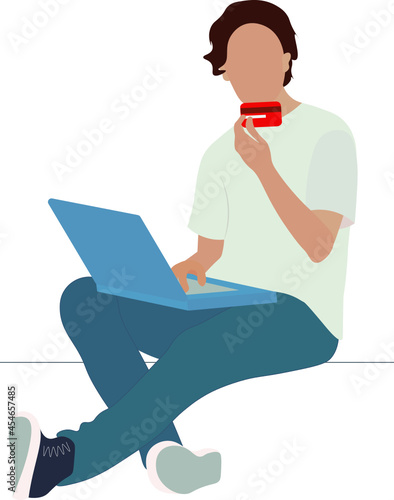 hombre joven usando su tarjeta de crédito, on line, fondos transparentes