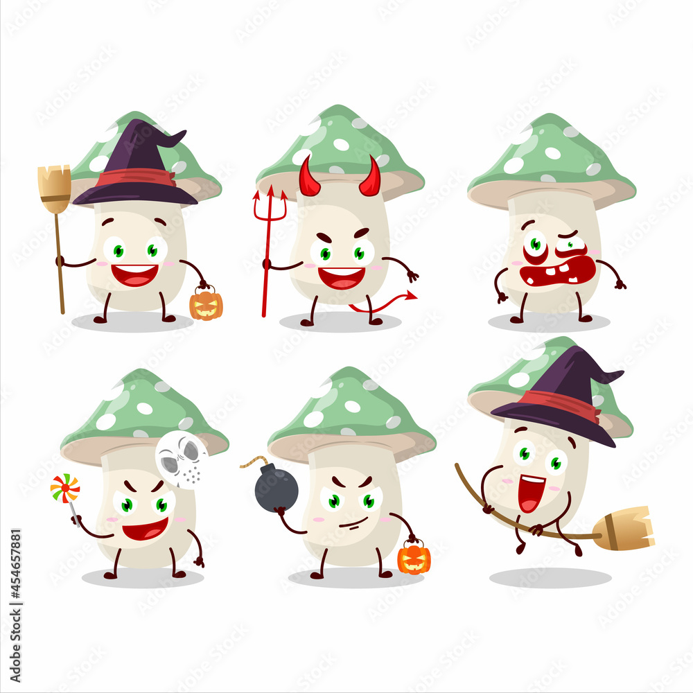 Halloween expression emoticons with cartoon character of green amanita Halloween expression emoticons with cartoon character of green amanita