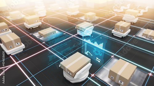 Robot transportation and cargo handling,using automation in product management,Warehousing and Technology Connections,3d rendering