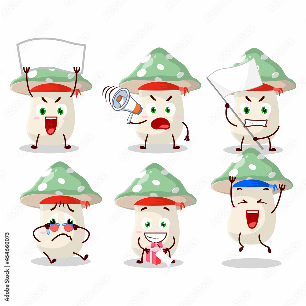 Mascot design style of green amanita character as an attractive supporter Mascot design style of green amanita character as an attractive supporter