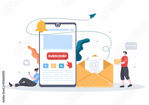 Subscribe Icon Button And Envelope Background Vector Illustration. Online Newsletter With Mailbox or Submit for Youtube, Blogging, Promotion. Social Media Post