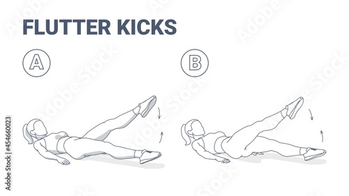 Flutter Kicks or Lying Scissors Exercise Fitness Girl Home Workout Guidance Vector Illustration. photo