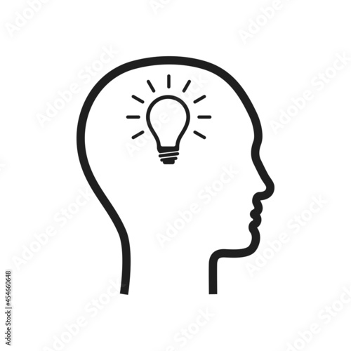 Silhouette human profile with light bulb in head.
