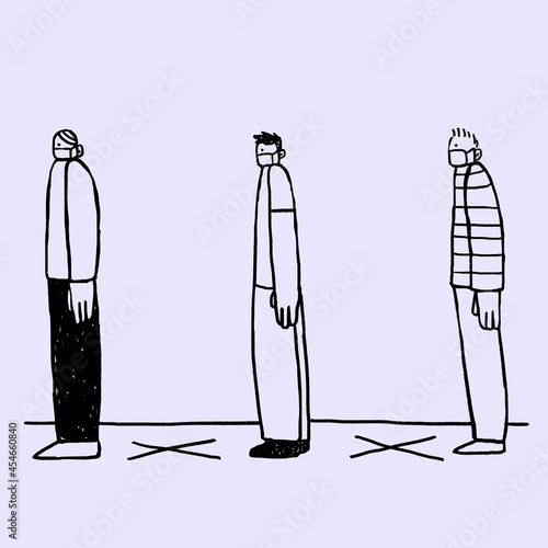 People are social distancing while queuing doodle element