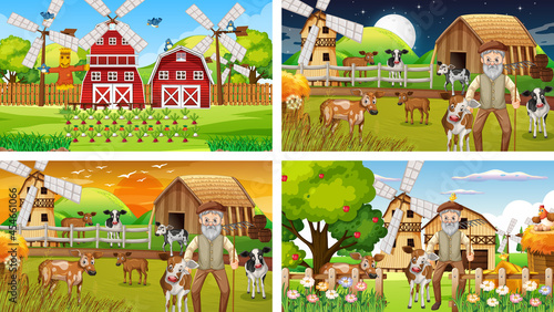 Different farm scenes with old farmer and animal cartoon character