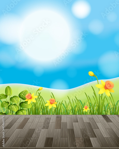 Nature background with flower field and green grass