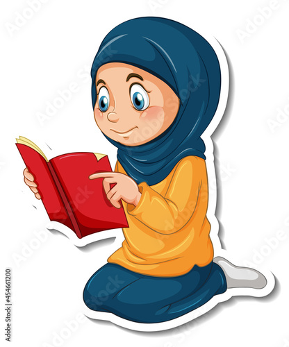 A sticker template with Muslim girl reading quran book