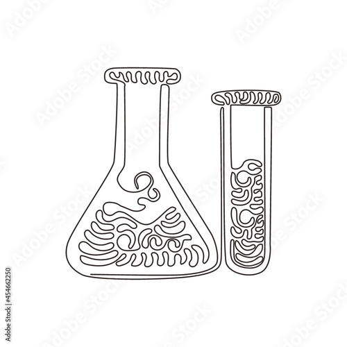 Continuous one line drawing chemistry laboratory glassware. Graduated lab tube, beaker and flask. Equipment for chemical test. Swirl curl style. Single line draw design vector graphic illustration