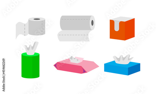 Toilet paper and kitchen towel roll vector illustrations set. Wet wipes, boxes and containers with tissue paper for kitchen, bathroom or nose isolated on white background. Hygiene, toiletry concept