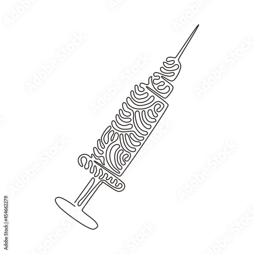 Single continuous line drawing injection syringe line icon. Injection medical logo. Vaccine and medicine symbol. Swirl curl style concept. Dynamic one line draw graphic design vector illustration