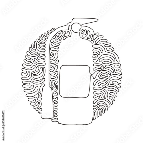 Single one line drawing red fire extinguisher protection with nozzle. Portable fire equipment from fire department set. Swirl curl circle background style. Continuous line draw design graphic vector