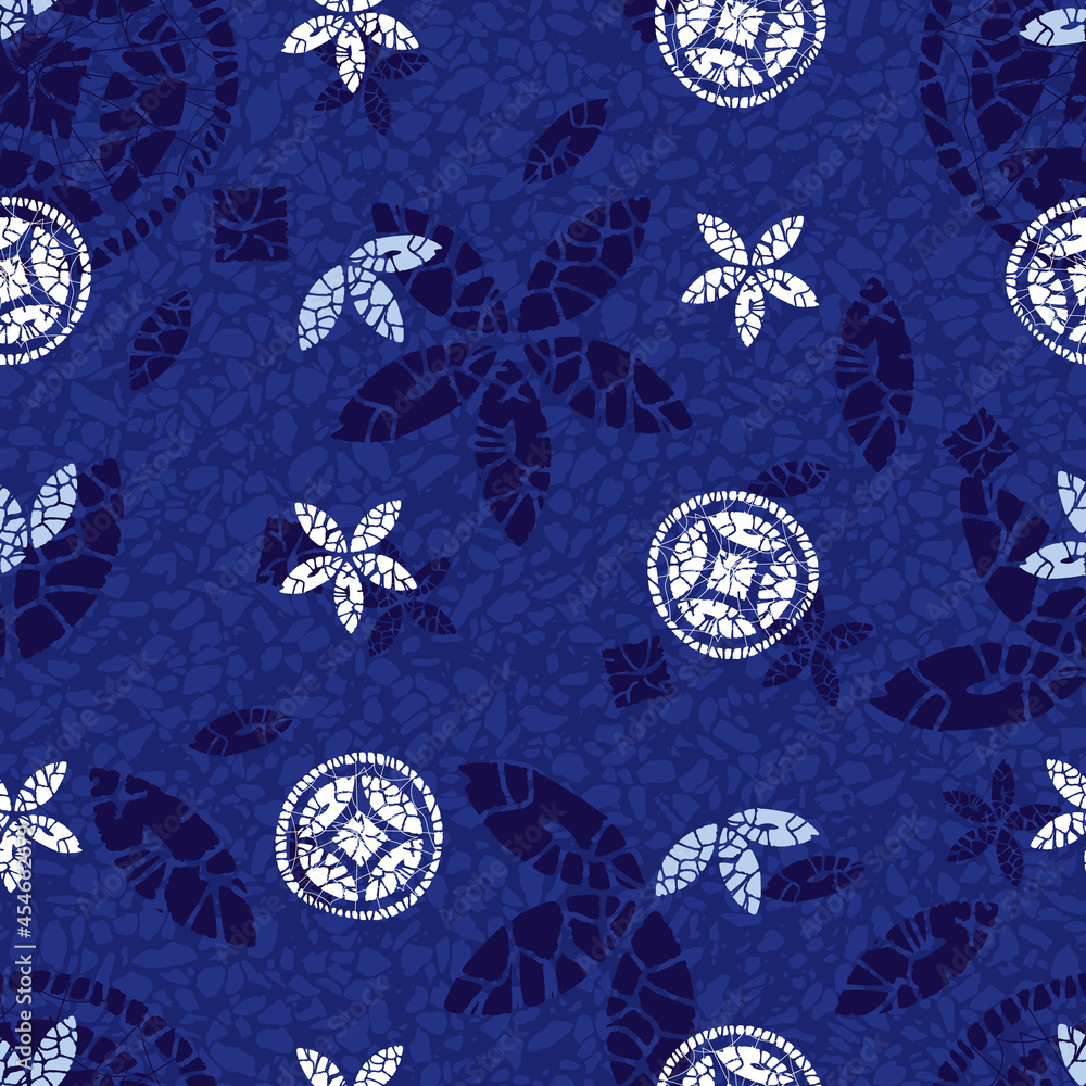 Fototapeta Vector blue shibori quilt abstract flower and round circle seamless pattern with terrazzo background 04. Suitable for textile, gift wrap and wallpaper.