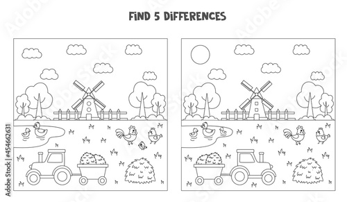 Find 5 differences between two pictures of black and white farm landscape.