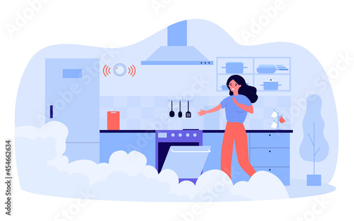 Frightened woman opening oven in smoky kitchen. Flat vector illustration. Girl spoiling dinner, forgetting to turn off oven in time. Cooking, food, fire, safety concept for design or landing page
