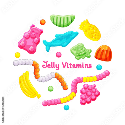  Sweet jelly vitamins candy set on a white isolated background. Fish, bear, pineapple, worm various shapes. Healthy sweets. Vector cartoon illustration. Vector illustration.