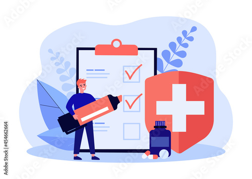 Registration of medical insurance flat vector illustration. Tiny man marking items on giant list of conditions, fulfillment of medical orders with marker. Medicine, insurance, health concept