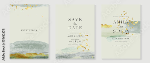 Green emerald and gold texture watercolor wedding invitation vector set. Luxury background and template layout design for invite card, luxury invitation card and cover template.