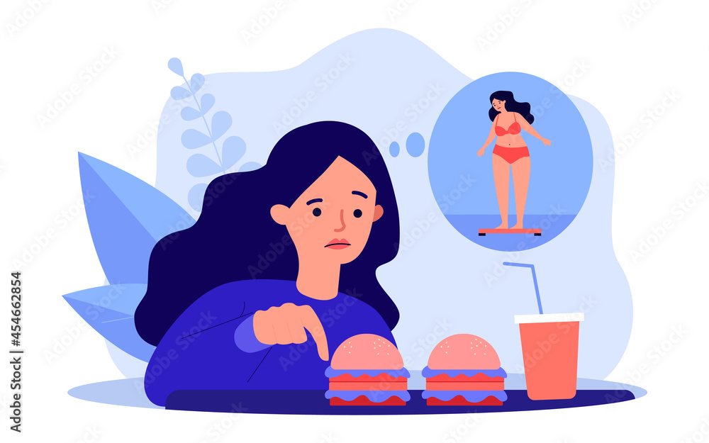 Girl worrying about her appearance, eating fast food. Flat vector illustration. Cartoon woman looking at hamburgers and soda, thinking about being overweight. Diet, health, junk food concept