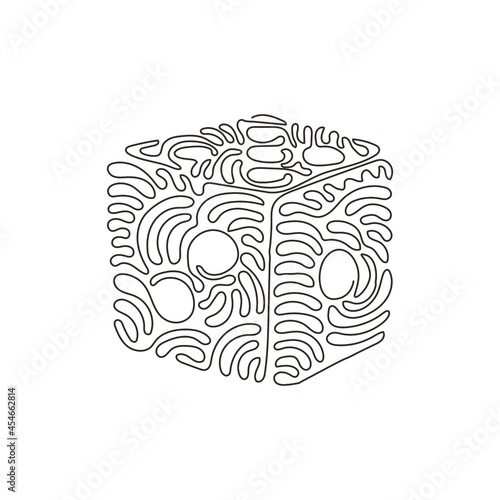 Single continuous line drawing dice. Dice with white dots. Dice cube, casino game. Cute outline cube by black contour for table game. Swirl curl style. One line draw graphic design vector illustration
